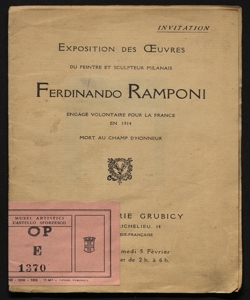 Exposition des oeuvres du peintre et sculpteur milanais Ferdinando Ramponi, engagé volontaire pour la France en 1914, mort au champ d'honneur Galerie Grubicy