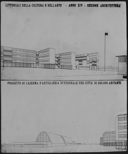 Littoriali della cultura e dell'arte dell'anno XIV. Progetto di caserma di artiglieria divisionale per città di 500.000 abitanti - Materiale fotografico