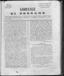 Giornale di Bergamo contenente gli atti di governo, i piu interessanti avvenimenti politici, gli editti giudiziarj, notizie di economia rurale e domestica, di statistica, di commercio, d'arti e mestieri ecc