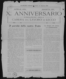 10. anniversario fondazione della Camera del lavoro di Lecco aprile 1901 - agosto 1911