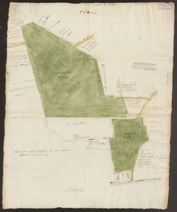 Dissegno della campagna che sta anotta in Catastico a carte 286 e 287 [mappa delle proprietà Giovanelli in Pontirolo ai confini con Ciserano] 