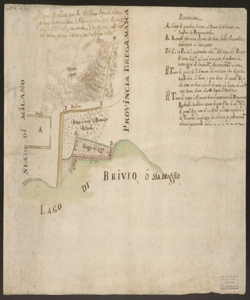 [Mappa dei confini tra il territorio milanese e quello bergamasco nella zona del Lago di Brivio] disegno mandato qui da Milano dopo la nostra prima informazione e disegno primo colà trasmesso al sig. Residente con scrittura d'eccezioni colà fatte alla nostra prima informazione e disegno suddetti