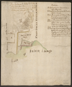 [Mappa dei confini tra il territorio milanese e quello bergamasco nella zona del Lago di Brivio] disegno mandato qui da Milano dopo la nostra prima informazione e disegno primo colà trasmesso al sig. Residente con scrittura d'eccezioni colà fatte alla nostra prima informazione e disegno suddetti