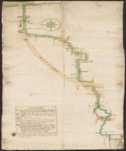 [Corso della Seriola Colleonesca d'onde principia dalla Seriola Borgogna a dove si divide in due Seriole, cioè una a sera detta la Martinenga, altra verso mattina, che va verso la Torre de Passeri : disegno di comissione dei D.D. Antonio M.a Agliardi, e Domenico suo figlio da Morengo, dei N.N. H.H. Co: Ant.o et Fratt. Giovanelli et Nob.li S.S. Marchesi Terzi, redatto da Carlo Basilio Barcella da Cenate Pub.co Agr.re di Bergamo]