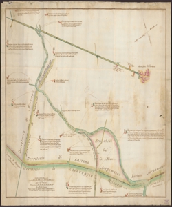  [Disegno della Roggia Morla o sia Molgola nei territori di Morengo, Bariano e Caravaggio, e del Fosso Bergamasco al confine tra lo Stato Veneto e lo Stato di Milano, correlato alla Relazione del 9 settembre 1767 fatta da Gio Antonio Urbani Pub.co Veneto Ingegnere alli Confini di Bergamo]