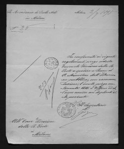 338 - Firma illeggibile per il Segretario dell'Accademia di Brera alla Direzione delle Poste di Milano
