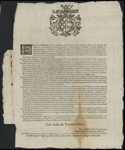 Deseoso el illustrissimo, y excellentissimo senor don Pedro de Toledo Ossorio ... solleuar en quanto pudiere los subditos de su magestad que en este Estado tiene, y poner freno a los desordenes que hasta aqui ha cometido la gente de guerra, tanto de a pie, come de a cauallo, q'en el re, fide, ademas de las gridas, y ordenes en esta materia publicados, las quales confirma en quanto no son contrarias a la presente, ha resuelto para mayor claridad de todos, y certeza de su buen zelo se publique el presente bando ...