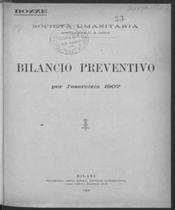 Bilancio preventivo per l'esercizio 1907 / Società Umanitaria