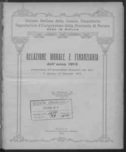 Relazione morale e finanziaria dell'anno 1913 presentata all'Assemblea Generale dei Soci il giorno 11 Gennaio 1914