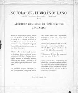 Scuola del Libro. Apertura del corso di composizione meccanica: 2 aprile 1921. 