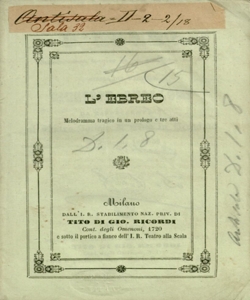 L'ebreo Melodramma tragico in un prologo e tre atti da rappresentarsi al Teatro Sociale di Città in Bergamo il carnevale 1855-56 [di Antonio Boni] Musica del Maestro Giuseppe Apolloni