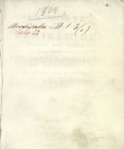 La morte di Semiramide Dramma per musica da rappresentarsi nel Teatro Riccardi in Bergamo la Fiera dell'anno 1802 [Libretto di Simeone Antonio Sografi] [la musica è del celebre maestro Nasolini]