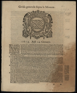 Grida generale sopra le monete. 1614. Adi 24. Genaro