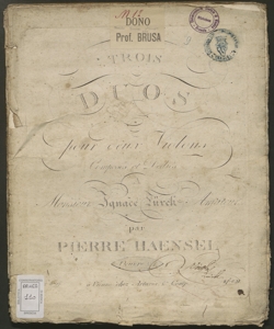 Trois duos pour deux violons : Oeuvre 24 / composés par Pierre Haensel