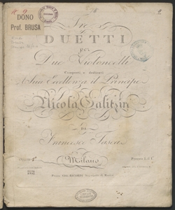 Tre duetti per Due Violoncelli : Opera 2.da / composti da Francesco Tasca
