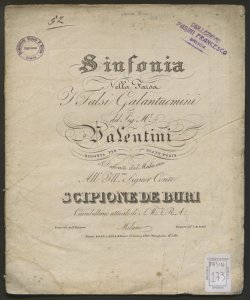 Sinfonia nella farsa I falsi galantuomini / del Sig. M.o Valentini ; ridotta per piano-forte