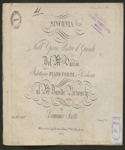 Sinfonia : nell'opera Pietro il grande / del M° Vaccaj ; ridotta per pianoforte da Domenico Scotti