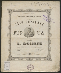 Inno popolare a Pio 9. / musica di G. Rossini ; riduzione per canto con accompagnamento di pianoforte di F. Baroni