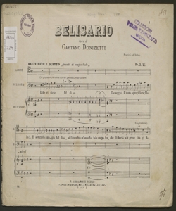 Belisario, tragedia lirica : Recit.o e duetto Quando di sangue tinto / del sig. Salvatore Cammarano ; posta in musica dal M.o Caval.e Gaetano Donizetti ...