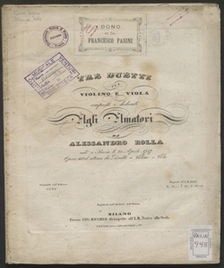 Tre Duetti per Violino e Viola [N.1 La magg., N.2 Fa magg. N.3 Re magg.] : Opera 18.a ed ultima dei Duetti a Violino e Viola / composti ... da Alessandro Rolla nato a Pavia li 23 Aprile 1757