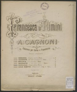 Francesca da Rimini. Romanza, come obliar / opera del maestro A. Cagnoni ; riduzione per canto e pianoforte