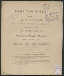 Para Ten Skien : Anacreon's twenty second ode / music by Charles Salaman ; english version by Malcom Charles Salaman