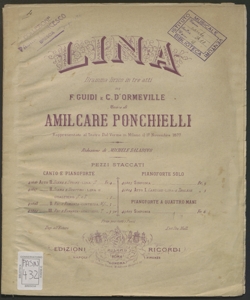 Morta! ell'è morta : recitativo e romanza [nell'opera] Lina / di A. Ponchielli ; riduzione per canto e pianoforte di Michele Saladino