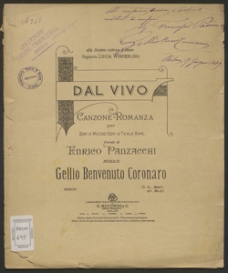 Dal vivo : canzone-romanza per sop. o mezzo-sop. o ten. o bar. / parole di Enrico Panzacchi ; musica di Gellio Benvenuto Coronaro