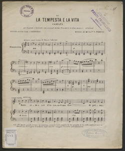 3: La tempesta e la vita : cantata per soprani e contralti con accomp.to di due pianoforti e d'un armonio ad libitum / poesia dell'ab. comm. J.Bernardi ; musica del M° Cav.re S. Tempia