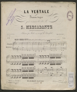 Salve o dea protettrice di Roma : preludio e preghiera mattutina [ne] La vestale / posta in musica dal celebre m. S. Mercadante ; riduzione per canto con accomp.o di pianoforte