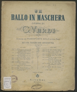 Un ballo in maschera : opera / di Giuseppe Verdi ; riduzione per pianoforte solo di Luigi Truzzi