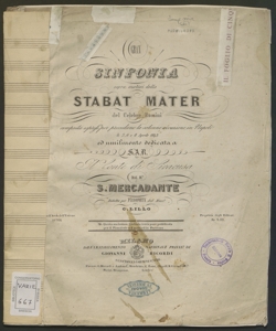 Gran sinfonia sopra motivi dello Stabat Mater del celebre Rossini / composta ... dal M.° S. Mercadante ; ridotta per pianoforte dal Maes.o G. Lillo
