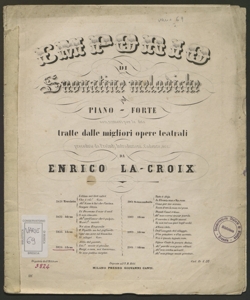 Emporio di suonatine melodiche per Piano Forte : con numeri per le dita tratte dalle migliori opere teatrali, precedute da preludj, introduzioni, cadenze ecc / da Enrico La-Croix