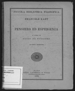 Pensiero ed esperienza / Emanuele Kant ; a cura di Guido De Ruggiero