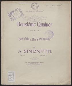 Deuxième Quatuor : (en sib) pour Deux Violons, Alto et Violoncelle / par A. Simonetti