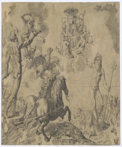 Stemma gentilizio con simboli delle virtù cardinali e Giove, Plutone e Net Cantarini Simone detto Pesarese