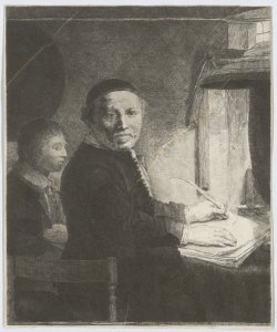Ritratto di Van Coppenol Lieven Willemsz. che scrive Rembrandt