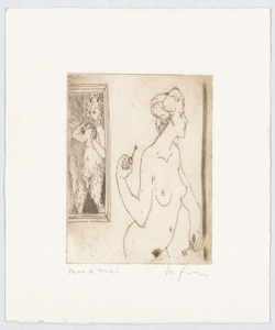 Figura femminile nuda con due chiavi in mano e satiro 