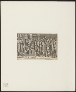 Vexillifer Ridolfus in vestibulum curiae descendit assensu, et clamore populi ad ordinandum R. P. Statum / R.[aphael] I.[nventor] ; Petrus Sanctes Bartolus D.[elinea]vit et S.[culp]sit