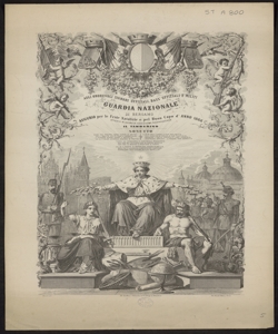 Agli onorevoli signori uffiziali, bass'uffiziali e militi della Guardia Nazionale di Bergamo : augurio per le Feste Natalizie e pel Buon Capo d'Anno 1866 offerto in segno di ossequiosa riconoscenza il Tamburino / Masutti dis.o