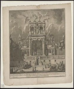 Disegno della seconda machina, che rappresenta un suntuoso Edifizio destinato a divertimenti publici. Incendiata per comando di Sua Eccellenza il Sig.r Don Lorenzo Colonna Gran Contestabile del Regno di Napoli ... la sera de' i 29. giugno 1769. Festa de' i Gloriosi Santi Apostoli Pietro, e Paolo in occasione d'aver presentata la Chinea alla Santità di Nostro Signore Papa Clemente 14. / Cavaliere Paolo Posi architetto ; Giuseppe Palazzi disegnò