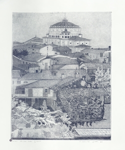 veduta di chiesa e di edifici abitativi Galli, Federica