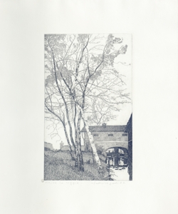 paesaggio con alberi ed edificio sotto il quale corre un piccolo corso d'a Galli, Federica