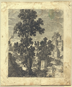 paesaggio fluviale con albero e rovine Perelle, Gabriel (attribuito)