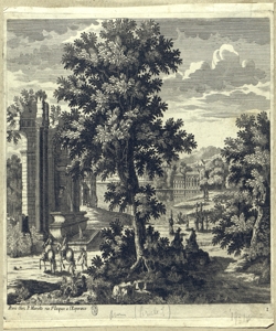 paesaggio fluviale con rovine e fontana Perelle, Gabriel (attribuito)