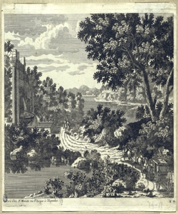 paesaggio fluviale con sentiero e fontana Perelle, Gabriel (attribuito)