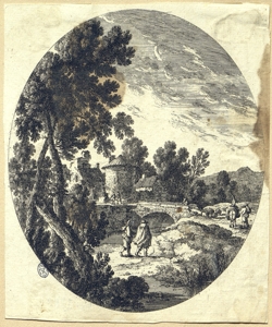 paesaggio con villaggio e ponte Perelle, Gabriel (attribuito)