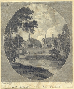 paesaggio con alberi, abitazioni e contadini Regona, Antonio