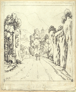 paesaggio con viale alberato e uomo con cavallo Labruzzi, Carlo