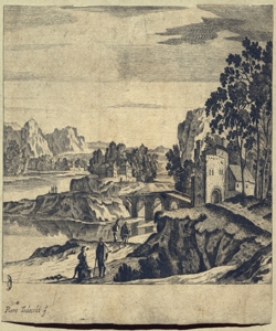 paesaggio fluviale con villaggio e ponte Tedeschi, Pietro